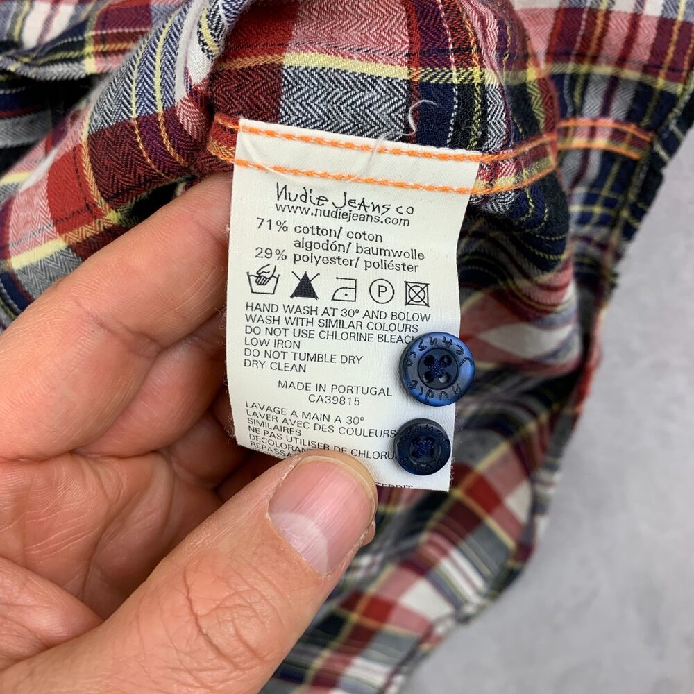 Nudie Mens Shirt Large Red Blue Tartan Plaid Herringbone Button Up Short-Sleeve - Picture 6 of 7